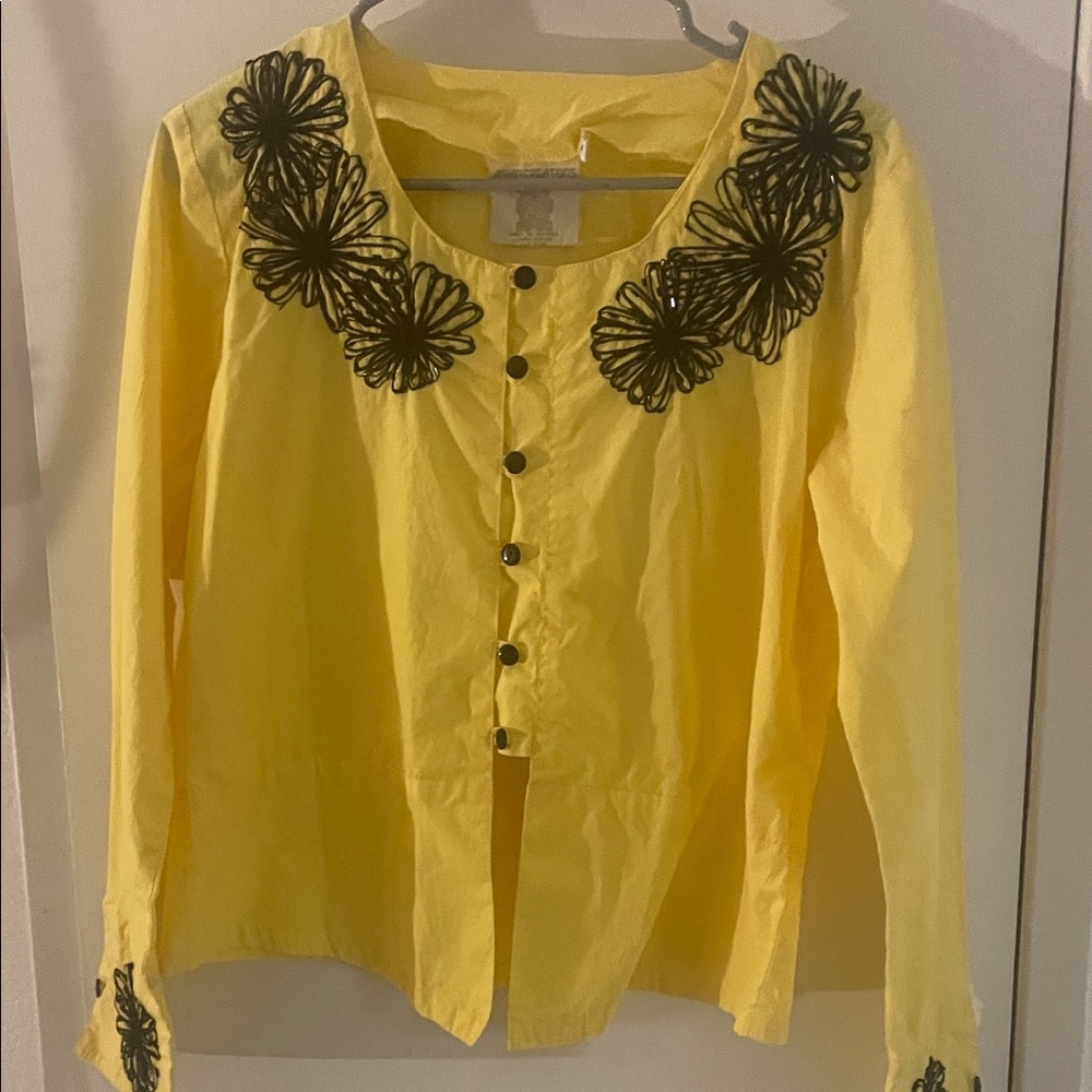 Vintage 90s Embroidered Yellow Cotton Peplum Top | Button Front | M